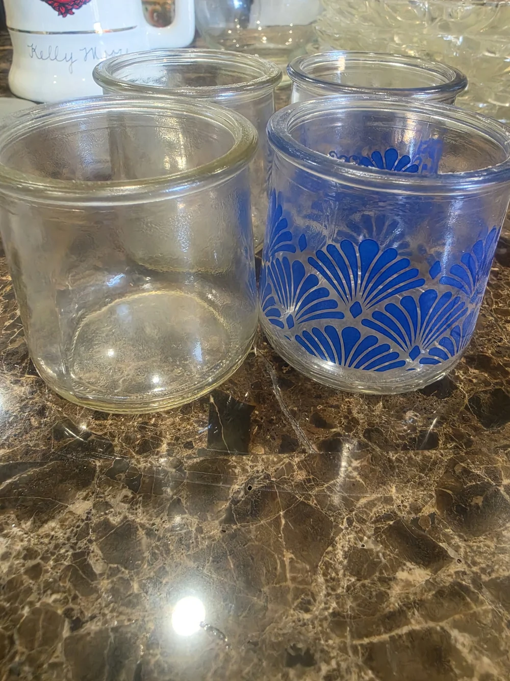 Source Unknown Clear Glass Votive Set with Blue Fan Pattern
